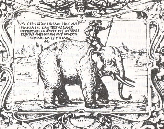 Grabado de 1552 retratando a Solimán y su cornaca. Fuente: http://soniaunleashed.com/2011/03/17/resenas-libros-leidos-2011-8-el-viaje-del-elefante/